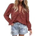thumbnail image 1 of Casual Women's Tops Fashion Plus Size Women's Casual Long Sleeve V-Neck Solid Color Button Long Sleeve Top Loose Hollow Lace Embroidery Shirt, 1 of 5