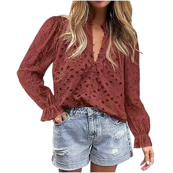 Casual Women's Tops Fashion Plus Size Women's Casual Long Sleeve V-Neck Solid Color Button Long Sleeve Top Loose Hollow Lace Embroidery Shirt