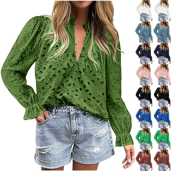 Casual Women's Tops Fashion Plus Size Women's Casual Long Sleeve V-Neck Solid Color Button Long Sleeve Top Loose Hollow Lace Embroidery Shirt