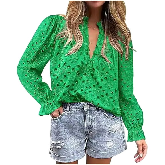 Casual Women's Tops Fashion Plus Size Women's Casual Long Sleeve V-Neck Solid Color Button Long Sleeve Top Loose Hollow Lace Embroidery Shirt