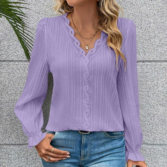 Casual Women's Tops Fashion Plus Size Women's Fall Solid Color Long Sleeve V-Neck Lace Splicing Hollow Sleeve Women's Shirt