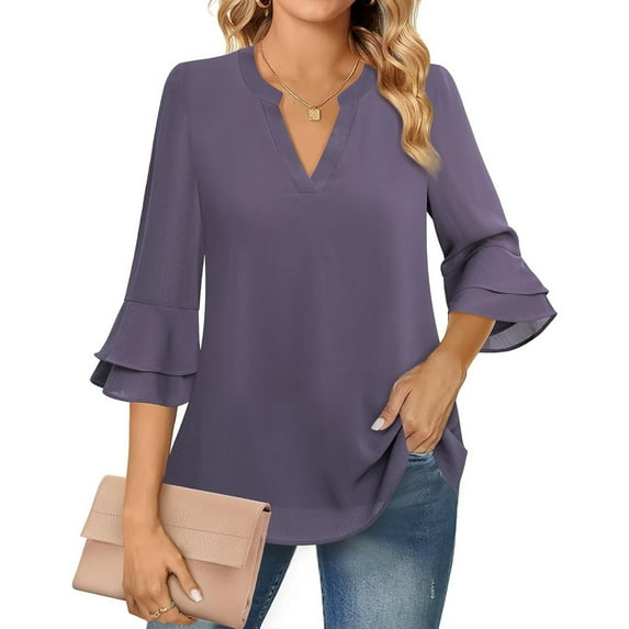 Casual Women's Tops Fashion Plus Size Women's Fashion Casual Cropped Sleeves Double Layer Chiffon Waist Tied Solid Color V-neck Tops Blouses Shirts