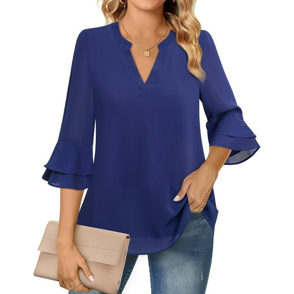 Casual Women's Tops Fashion Plus Size Women's Fashion Casual Cropped Sleeves Double Layer Chiffon Waist Tied Solid Color V-neck Tops Blouses Shirts