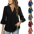 thumbnail image 1 of Casual Women's Tops Fashion Plus Size Women's Fashion Casual Cropped Sleeves Double Layer Chiffon Waist Tied Solid Color V-neck Tops Blouses Shirts, 1 of 6