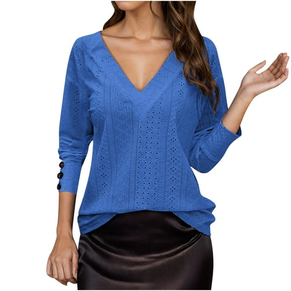 Casual Women's Tops Fashion Plus Size Women's Fashion Casual V-neck Long Sleeve Button Hollow-out Solid Color Blouse