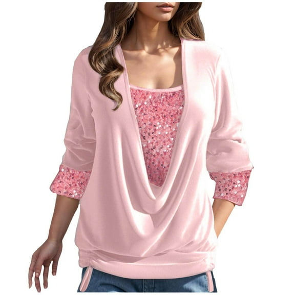 Casual Women's Tops Fashion Plus Size Women's Fashion Fall Winter Long Sleeve Round-Neck Sequins Pullover Outwear Blosue Tops