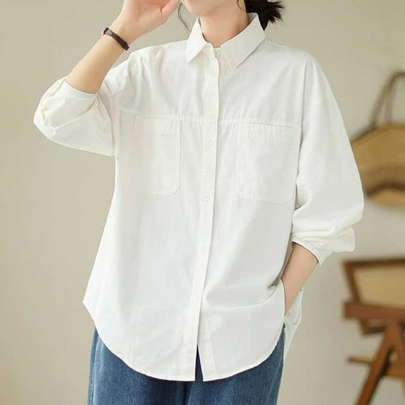 Casual Women's Tops Fashion Plus Size Women's Spring Lapel Collar Breasted Pocket Long Sleeved Solid Colored Workwear Pocket Shirt