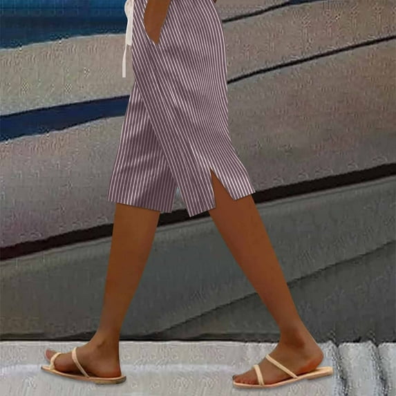 Casual Women's Trousers Ladies' Fashionable Casual Striped Side Slit Cotton And Linen Five Quarter Pants,Brown Women's Casual Pants XXL