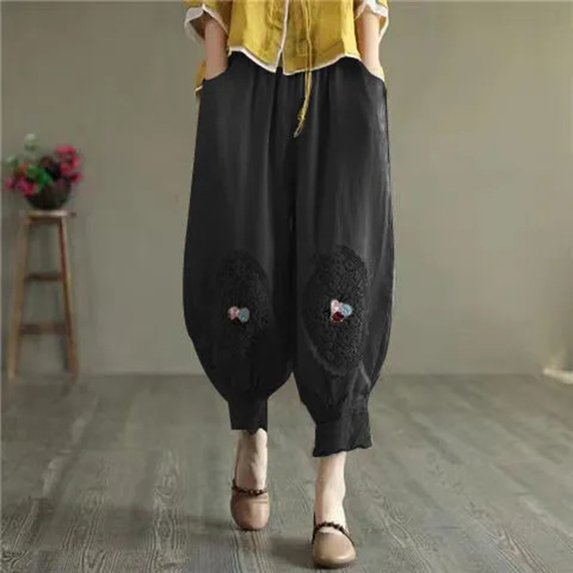 Casual Women's Trousers Women Harem Pants Flower Embroidered Cotton Linen Ankle Length Trousers Plus Size Cropped Pants,Black Women's Casual Pants XL