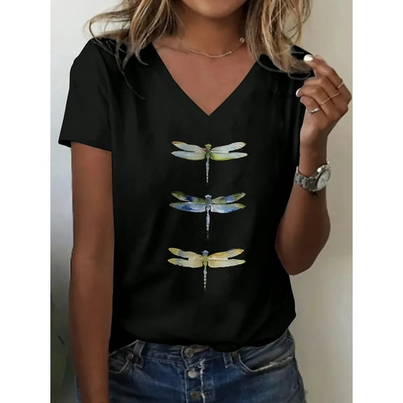 Casual Women’s V - Neck Short  Sleeve Tee Featuring Colorful Dragonfly Animal Print
