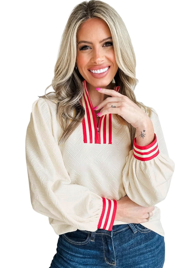 Casual Women's White Textured Knit Pullover with Striped Accents – Daily Wear Essential | S