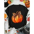 thumbnail image 1 of Commuting Womens Bow Leopard Pumpkin Graphic Tee Fall T Shirt Tops Short Sleeve Round Neck Black S-5XL, 1 of 5