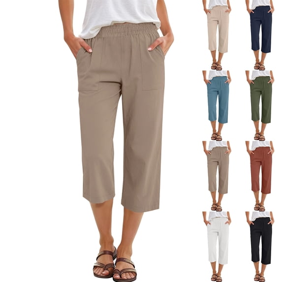 Casual Womens Capri Pants Loose Straight Wide Leg 3/4 Length Summer Lounge Elastic Waist Trousers, Coffee XL