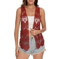 thumbnail image 1 of Casual Womens Floral Crochet Lace Trim Sleeveless Pom Fringe Open Front Vest Cardigan, 1 of 6