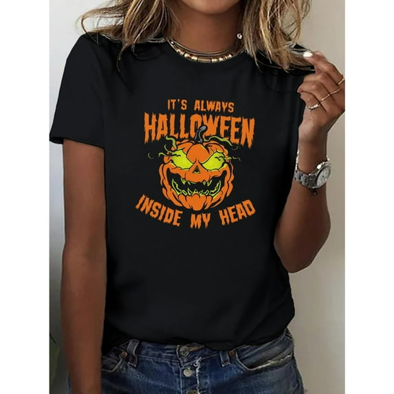 Casual Womens Halloween Pumpkin Graphic Tee Comfort T Shirt Tops Short Sleeve Round Neck Black S-5XL