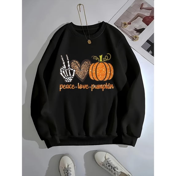 Breathable Womens Pumpkin Skull Graphic Sweatshirt Holiday Top Round-neck long-sleeved Black S-3XL