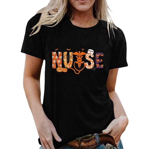 Casual Womens Retro Nurse Print T Shirt Loose Crew Neck Short Sleeve Halloween Graphic Tee Top