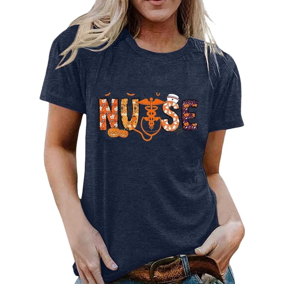 Casual Womens Retro Nurse Print T Shirt Loose Crew Neck Short Sleeve Halloween Graphic Tee Top
