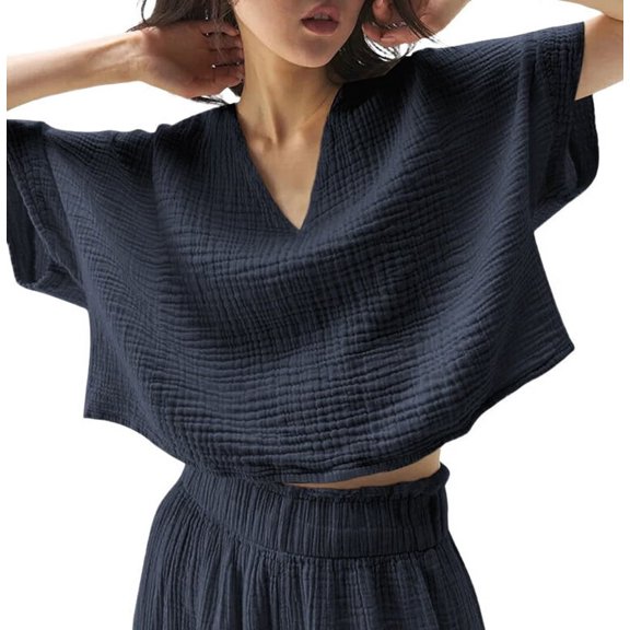 Casual Womens Short Sleeve V Neck Shirts Oversized Solid Blouses Tops Dark Blue One size
