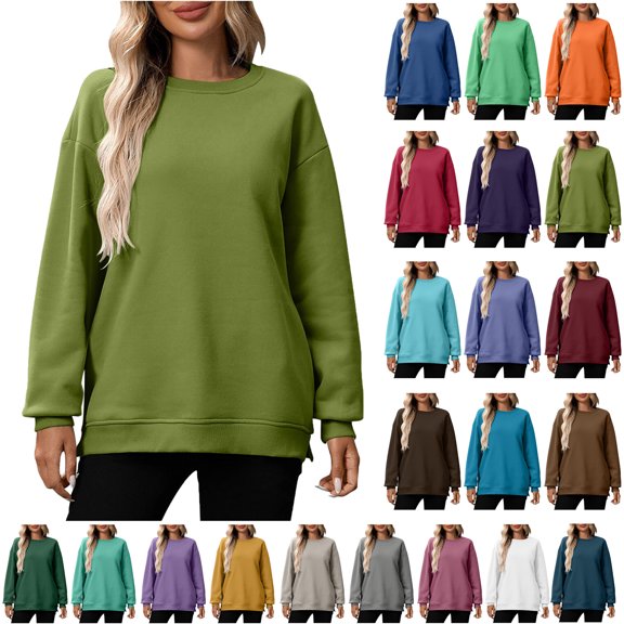 Casual Womens Sweatshirts Crewneck Long Sleeve Top Ndbuld Fashion Women Round Neck Long Sleeve Solid Loose Sweatshirt Blouse Green M