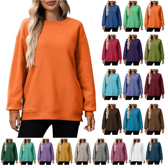 Casual Womens Sweatshirts Crewneck Long Sleeve Top Ndbuld Fashion Women Round Neck Long Sleeve Solid Loose Sweatshirt Blouse Orange XL