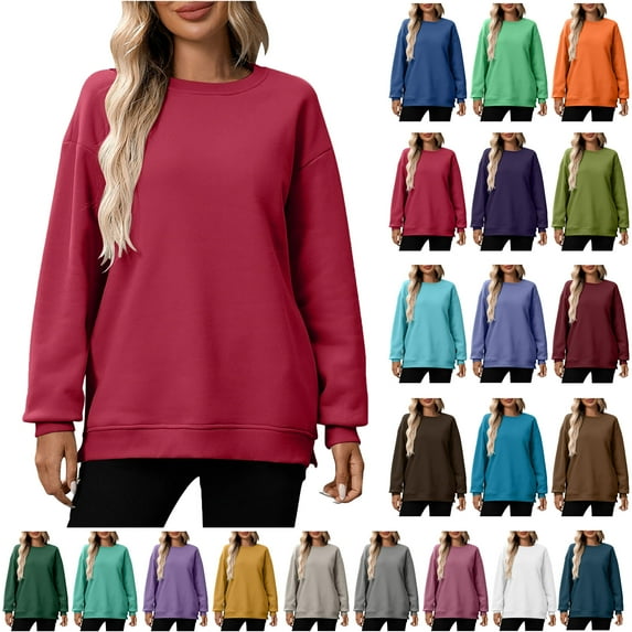 Casual Womens Sweatshirts Crewneck Long Sleeve Top Ndbuld Fashion Women Round Neck Long Sleeve Solid Loose Sweatshirt Blouse Red XL