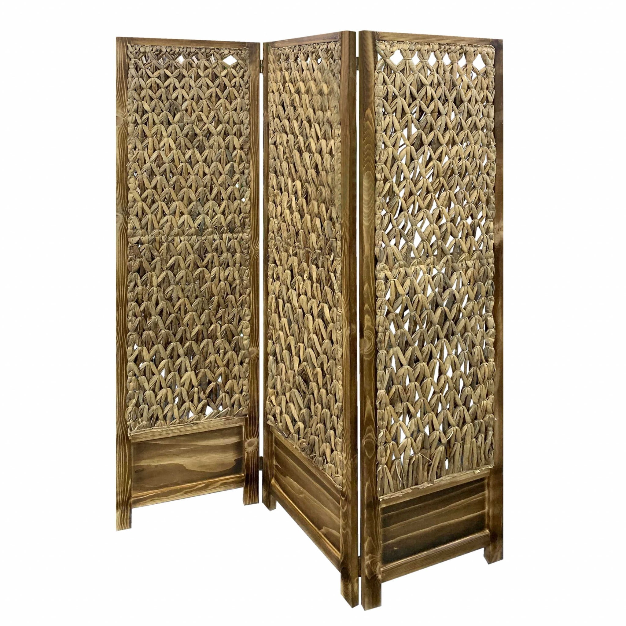 Natural Brown Wood and Seagrass 3 Panel Folding Room Divider