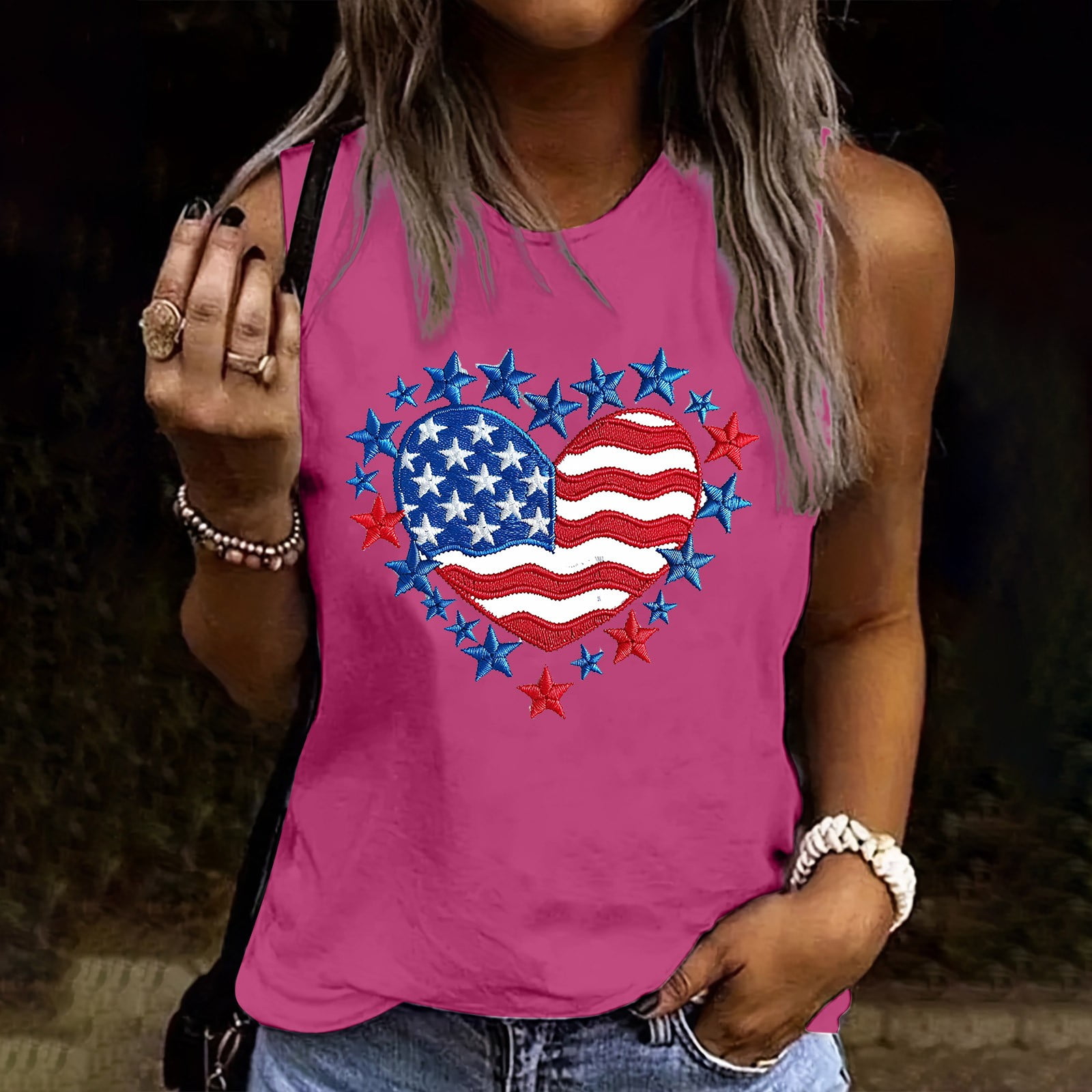 Women's American Flag V-Neck Tank Top – Ring Hole Sleeveless Patriotic Shirt For 4th Of July, Green, X-Large
