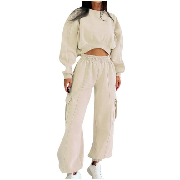 Casual Workout Two Piece Outfits for Women Round Neck Long Sleeve Crop Tops High Waist Sweatpant Tracksuit Sets