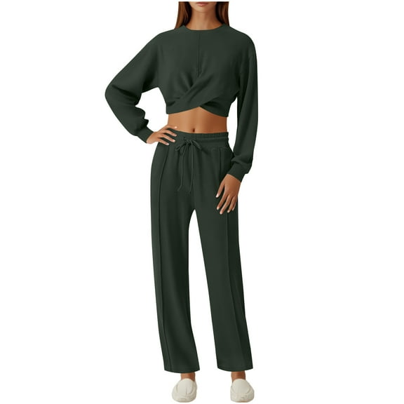 Casual Workout Two Piece Outfits for Women Short Sleeve Crop High Waist Foldover Flare Pants Tracksuit Sets Streetwear