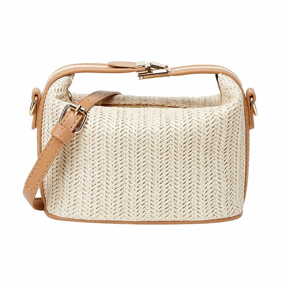 Casual Woven Crossbody Bags for Women Shoulder Bag with Leather Trim and Zipper Closure Beige