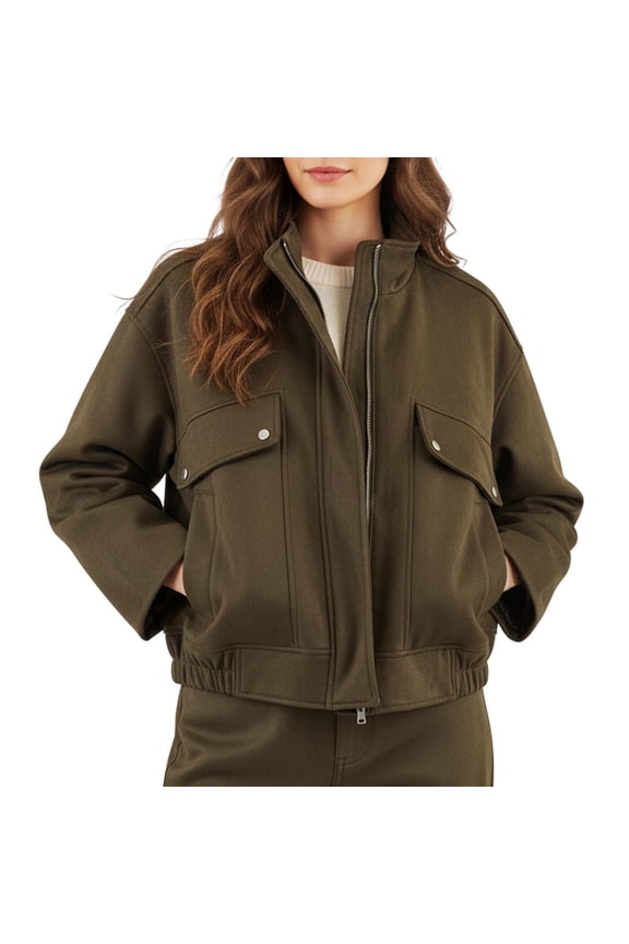 Casual Zip Front Jacket With Stand Collar Loose Fit Outerwear For Daily Comfort And Stylish Layering Womens Outerwear For Autumn Casual Women's Bomber Jacket Casual Coat
