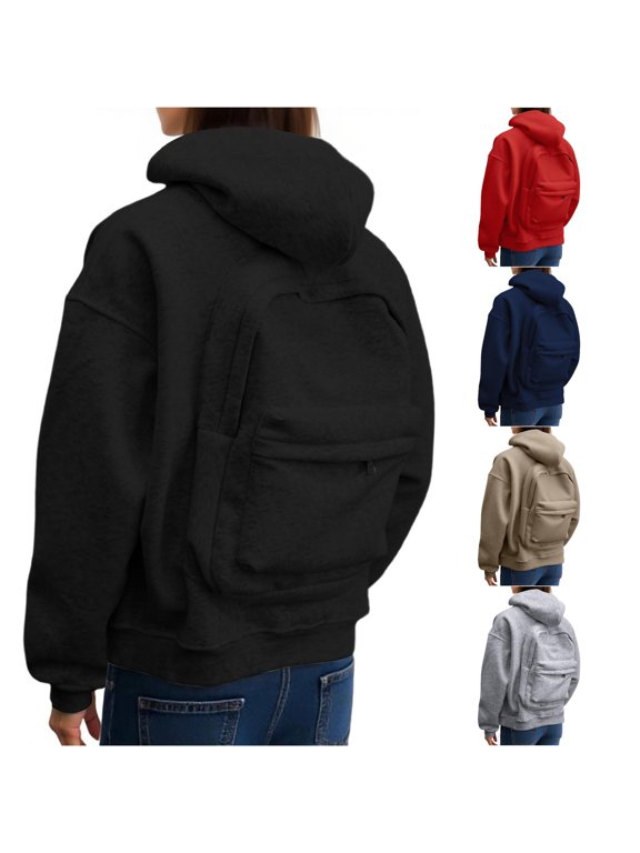 Casual Zip Up Hoodie With Backpack Design Front Pocket Lightweight Pullover Jacket For Outdoor Activities