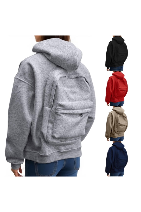 Casual Zip Up Hoodie With Backpack Design Front Pocket Lightweight Pullover Jacket For Outdoor Activities