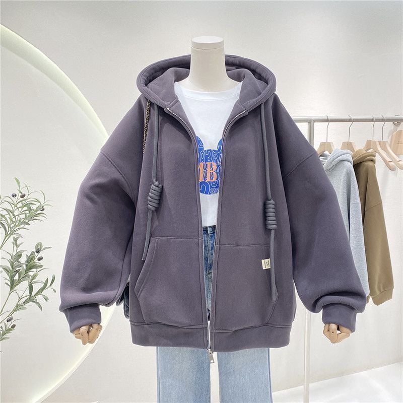 Casual Zipper Women Sweatshirts Hoodies Solid Color Drawstring Korean