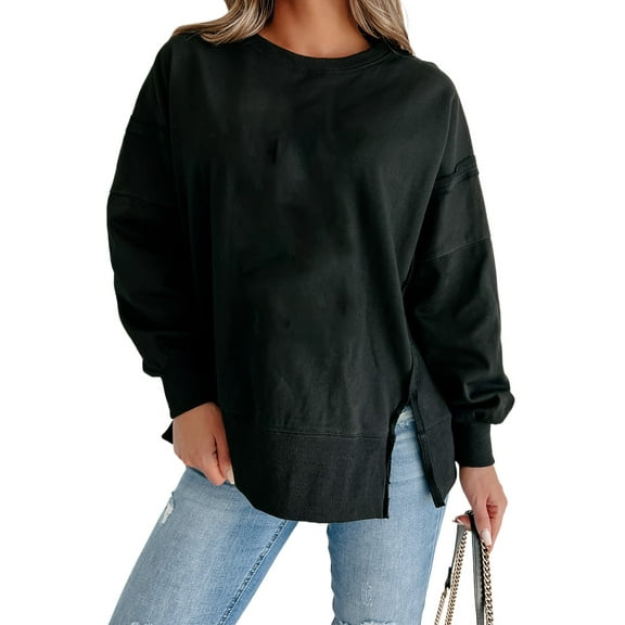 Casual and Chic Sweatshirt with Exposed Seams and Slits - Black | [ZhiHiMeRi] | (US 16-18)XL