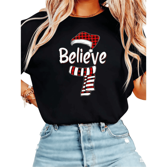 Casual and Cotton Believe Santa Plaid Graphic Tee T Shirt Top Short Sleeve Round Neck Black S-5XL
