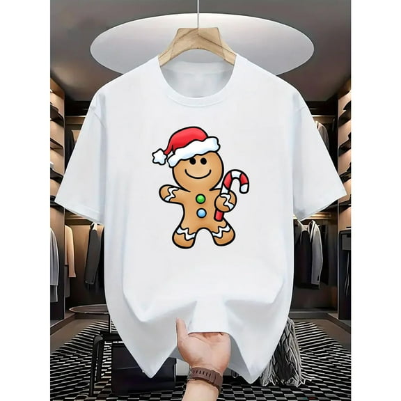 Casual and Trendy Christmas Gingerbread Tee Candy Cane Print Top Short Sleeve Round Neck White S-5XL