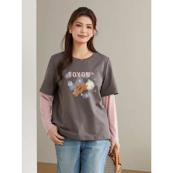 Casual fake two-piece bead embroidered T-shirt