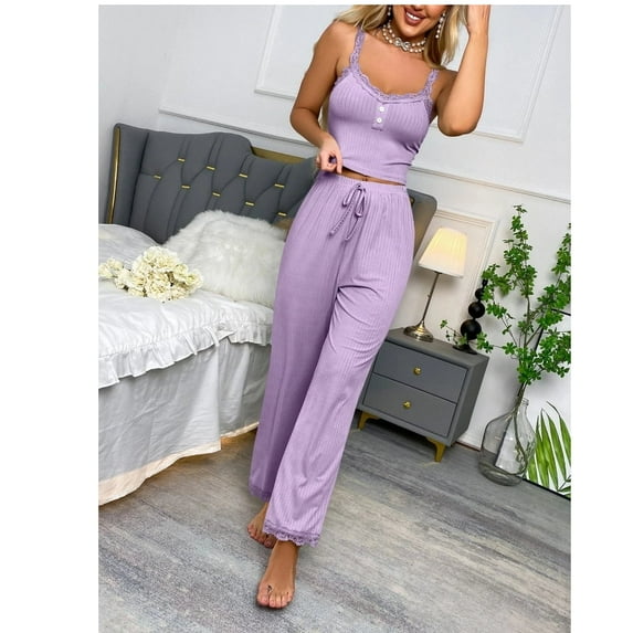Casual lace trim halter-top long pants for women as a set of home wear