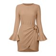 thumbnail image 1 of Casual long-sleeved frilly wrap skirt crew neck belted waist short skirt solid color party dress, 1 of 5