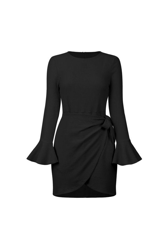 Casual long-sleeved frilly wrap skirt crew neck belted waist short skirt solid color party dress