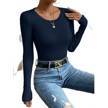 Casual solid Round Neck Pullovers Long Sleeve Navy Blue Women Sweaters (Women's)