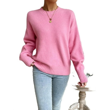 Casual solid Round Neck Pullovers Long Sleeve Pink Women Sweaters (Women's)