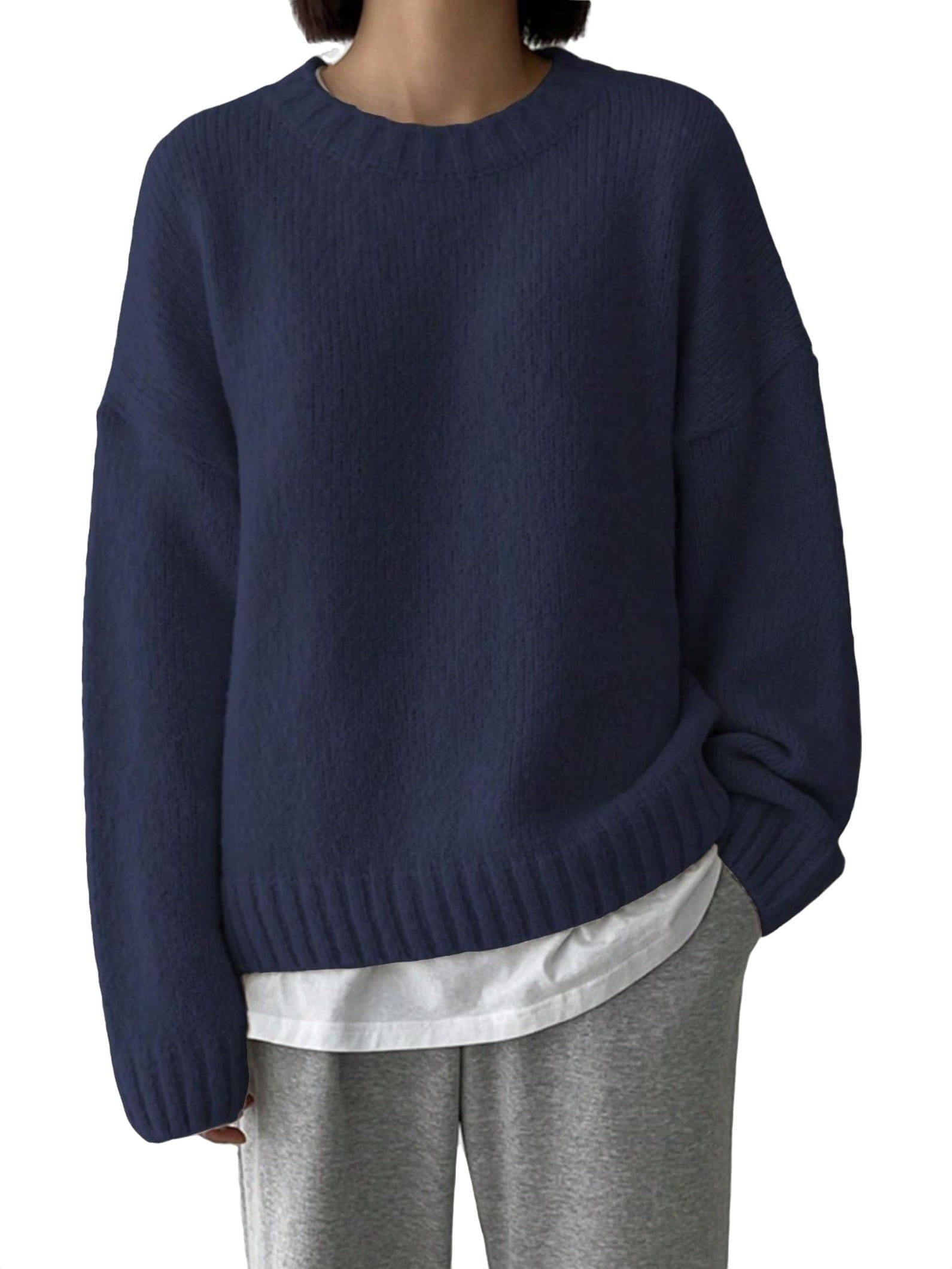 Casual solid Round Neck Pullovers Long Sleeve Royal Blue Women Sweaters ...
