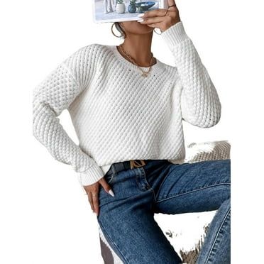 Casual solid Round Neck Pullovers Long Sleeve White Women Sweaters (Women's)