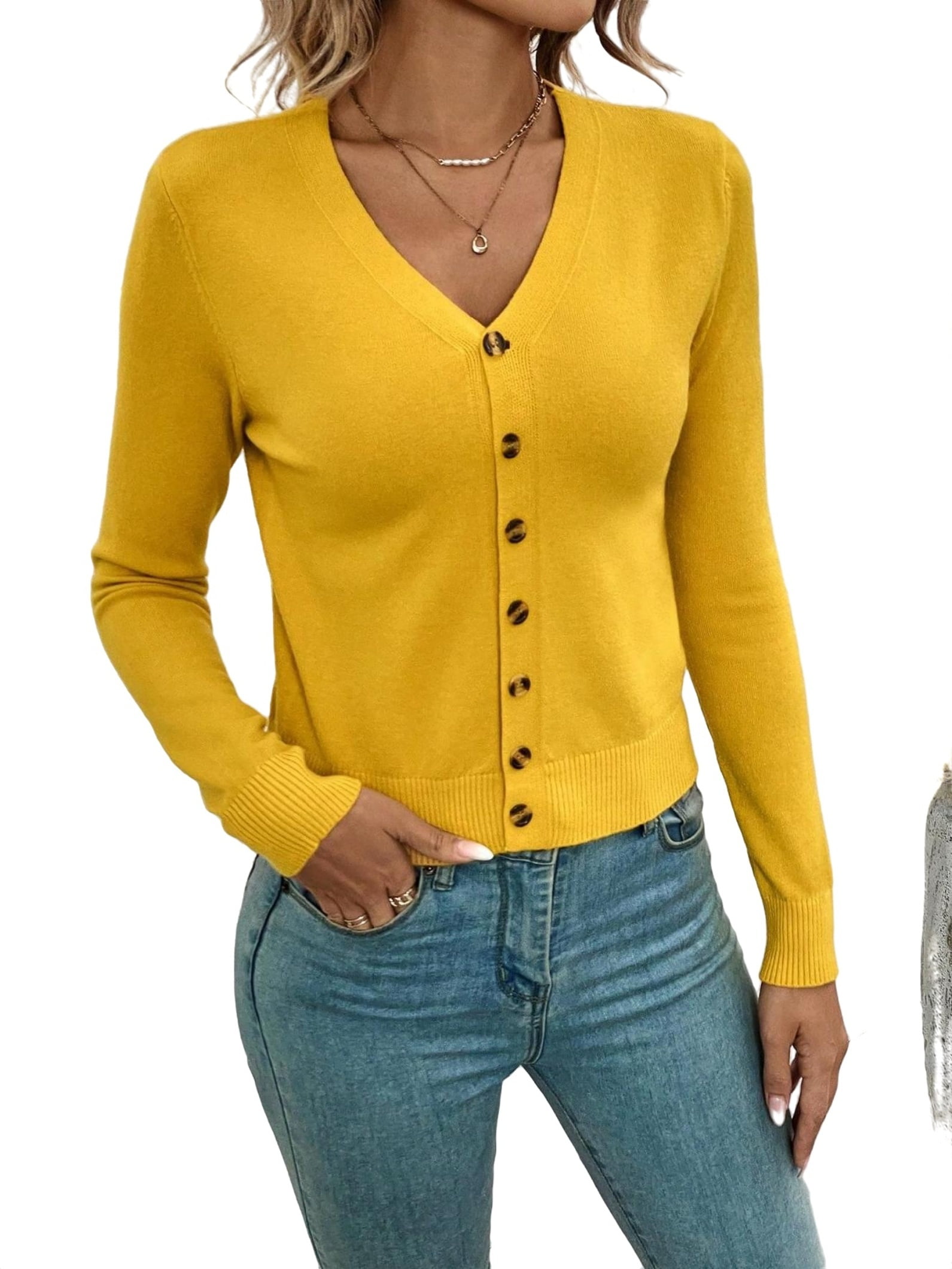 Casual solid V neck Long Sleeve Mustard Yellow Women Cardigans