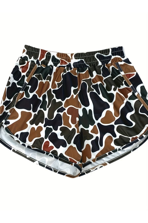 Casual style green and brown camouflage shorts made of durable polyester fabric with drawstring and elastic waistband for spring and summer seasons