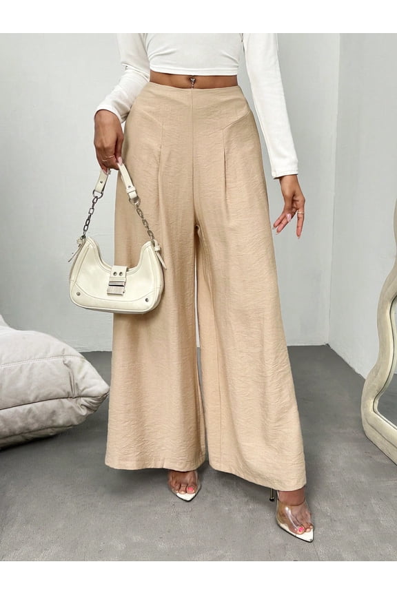 Casual wide-leg pants high waist back piece rubber waist woven texture fabric khaki spring and summer women's trousers