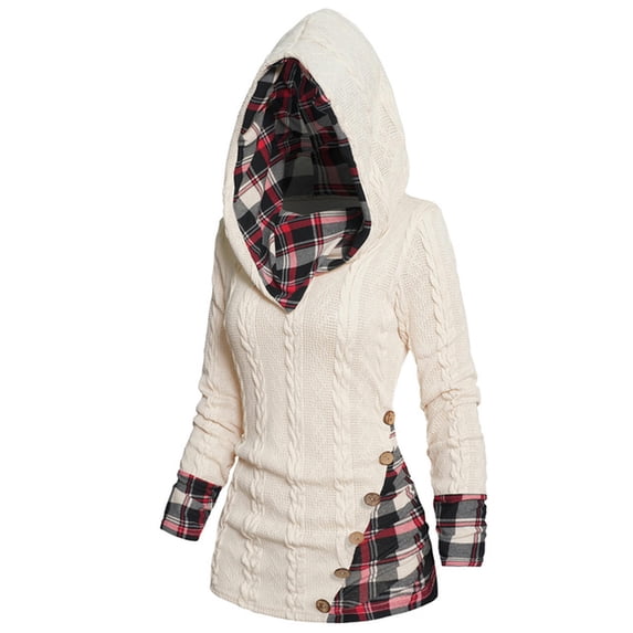 Casual women's hoodie pullover long sleeve twisted cable knit top plaid print hooded sweater for women spring and winter-Light Coffee-S